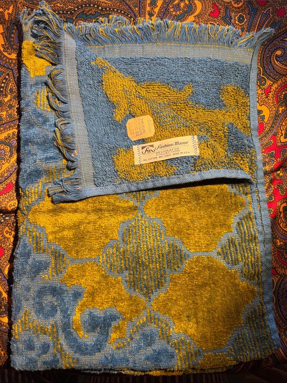 Vintage Penneys Fashion Manor Floral Bath Towel Blue Gold Fringe MCM